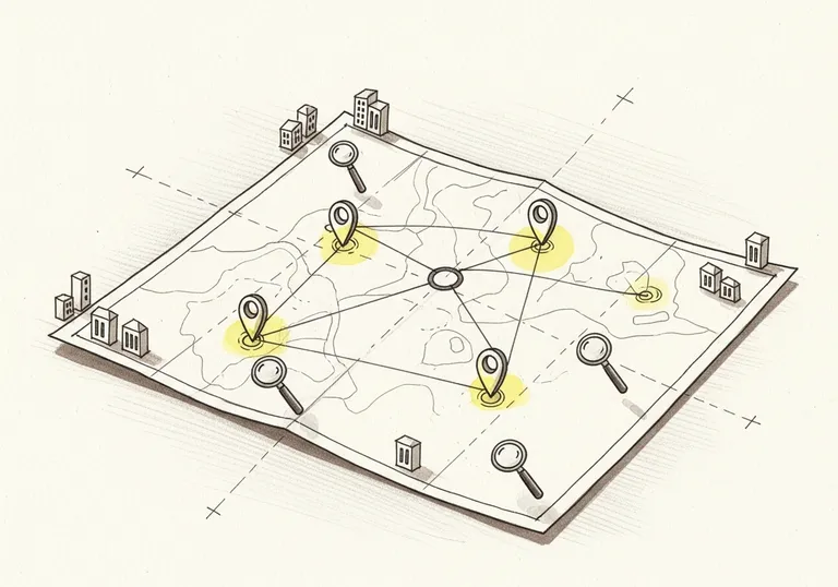 Sketch of a map with multiple location pins connected by lines, representing multiple locations SEO strategy.