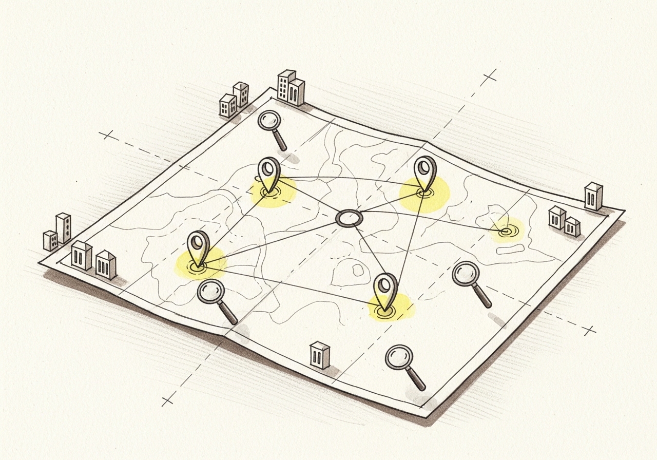 Sketch of a map with multiple location pins connected by lines, representing multiple locations SEO strategy.