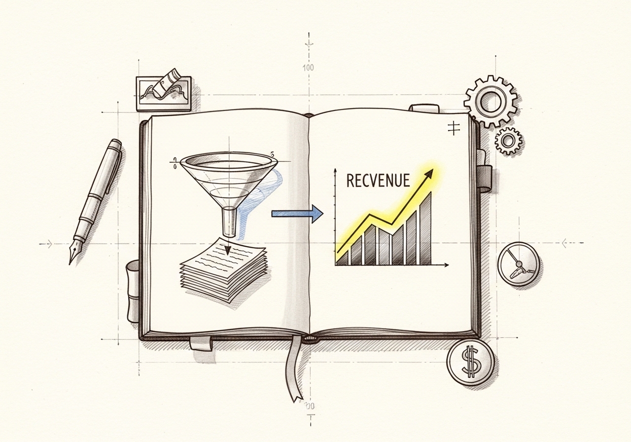 Sketch of a content marketing funnel converting pages into revenue