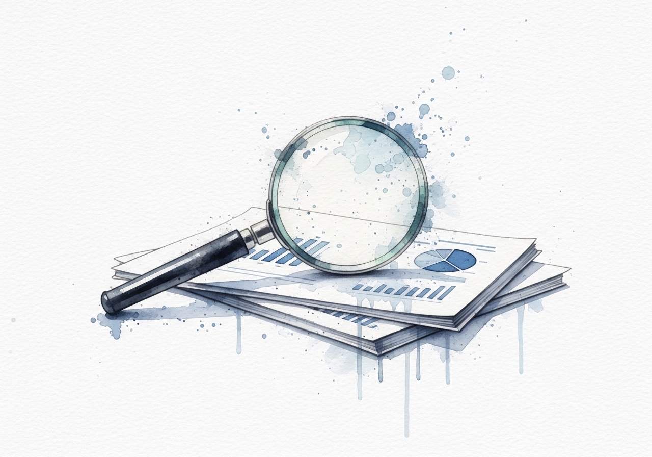 Watercolor illustration of a magnifying glass analyzing SEO reports for clients