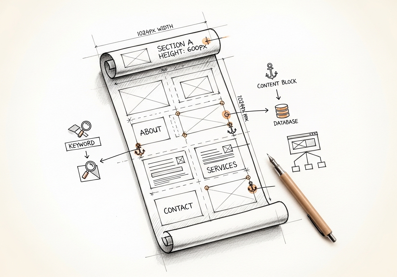 Architectural blueprint sketch of a single-page website layout showing SEO sectioning strategies.