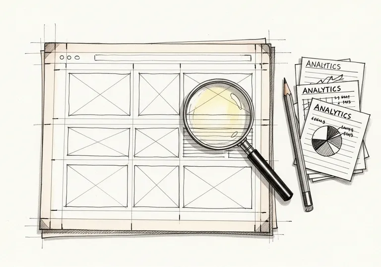 Illustration of a website wireframe being analyzed with a magnifying glass and data charts.