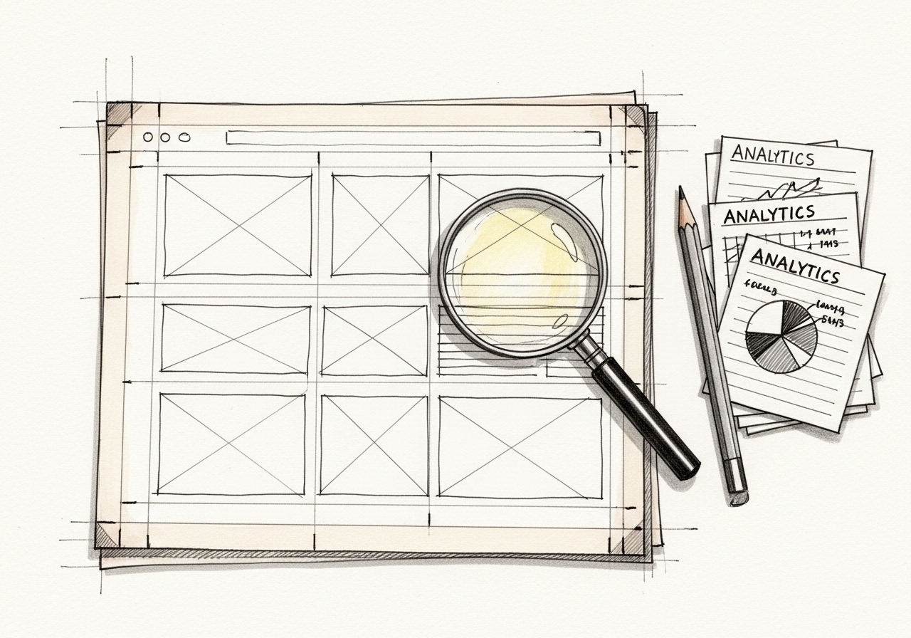 Illustration of a website wireframe being analyzed with a magnifying glass and data charts.
