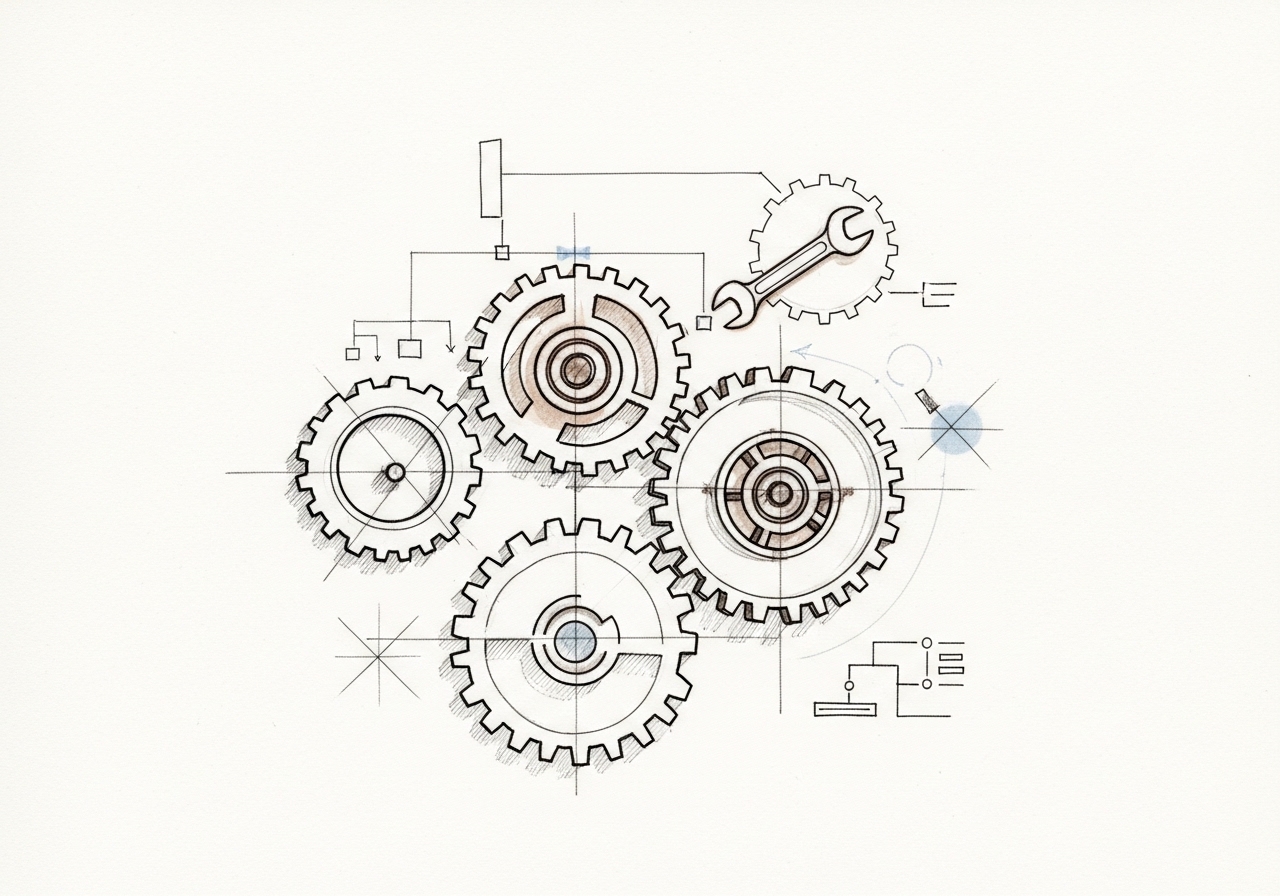 Sketch of gears representing technical website architecture with a maintenance wrench.