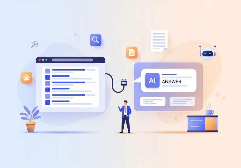 Illustration comparing traditional search engine lists with generative AI answers
