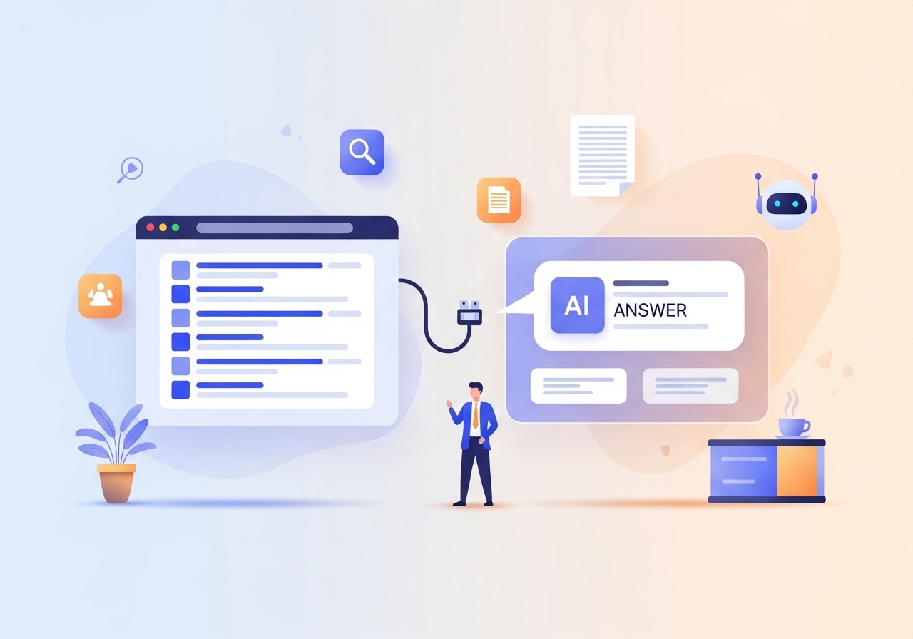 Illustration comparing traditional search engine lists with generative AI answers
