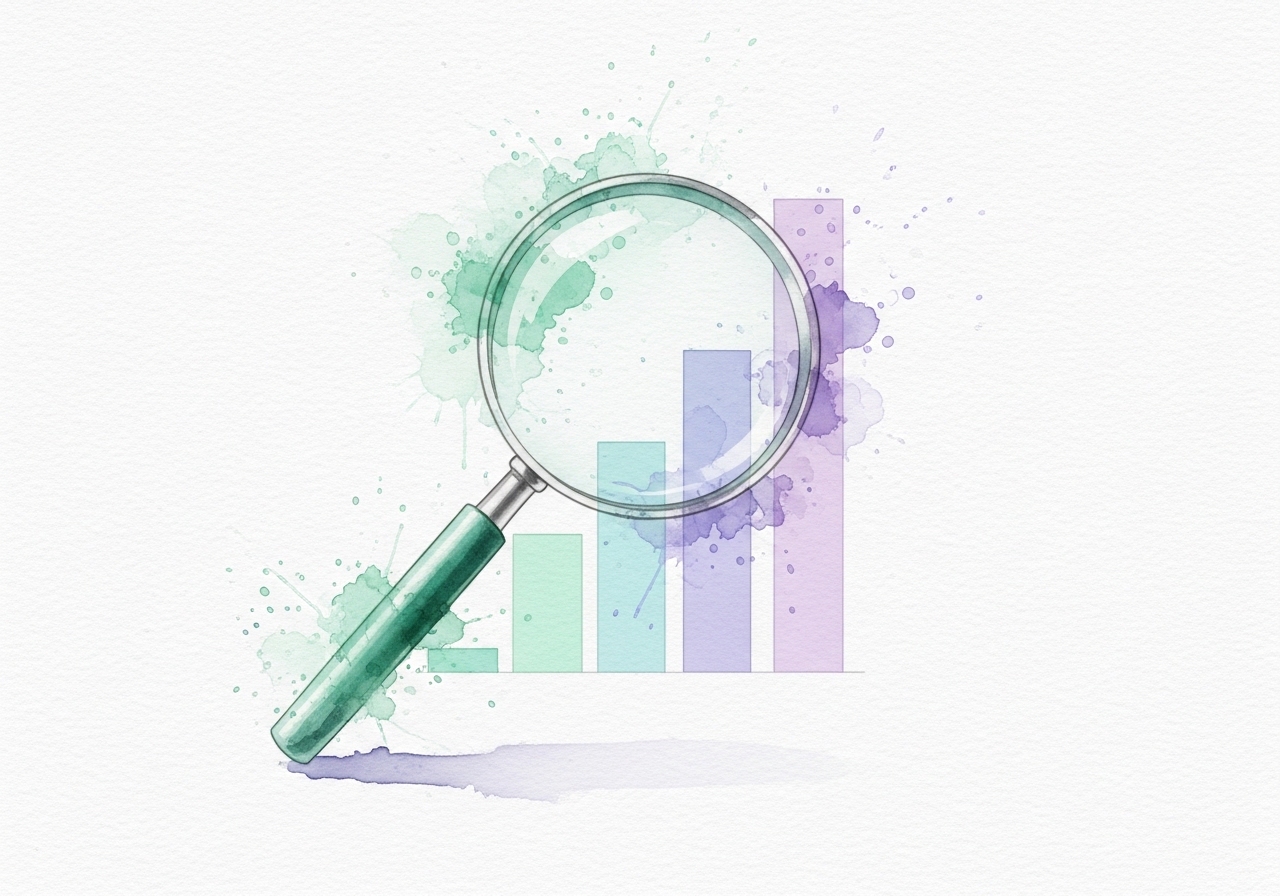 A watercolor magnifying glass over a chart, symbolizing audience and competitor analysis for campaign ideas.