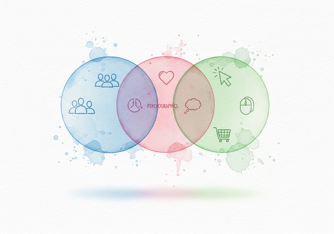 An illustration showing the combination of demographic, psychographic, and behavioral data for a complete customer profile.