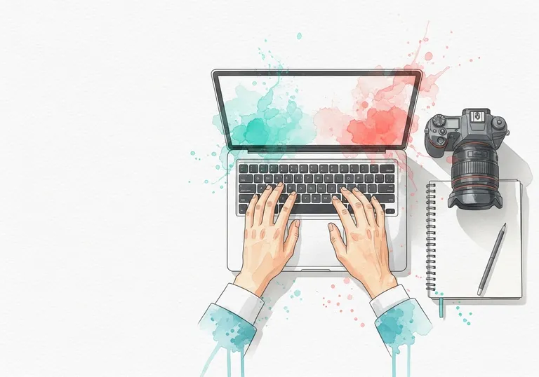 A watercolor illustration of a laptop and camera, representing the tools used in modern content creator jobs.