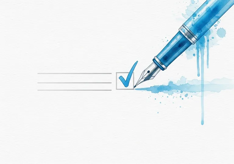 A watercolor illustration representing content optimization, with a pen making a checkmark on a document.