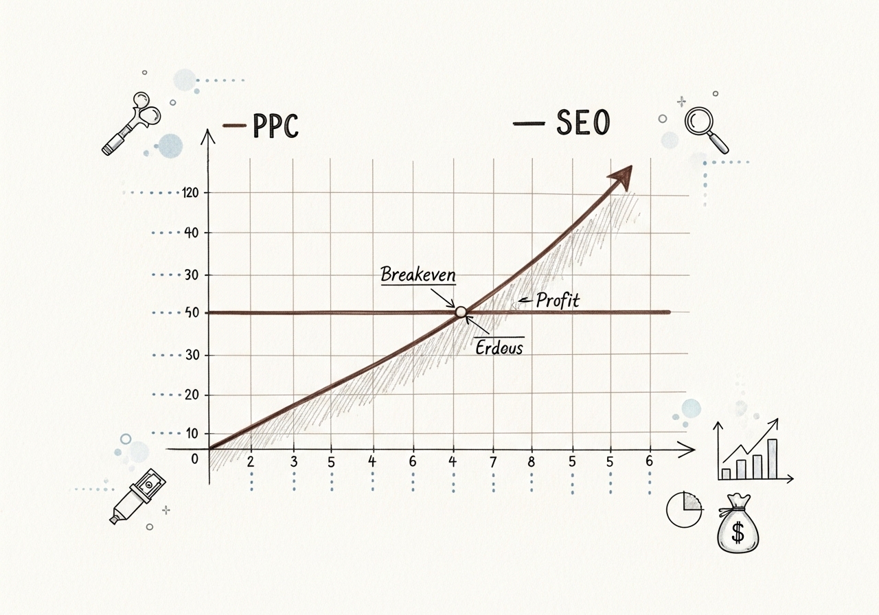 Hand-drawn graph showing SEO compounding ROI vs linear PPC costs