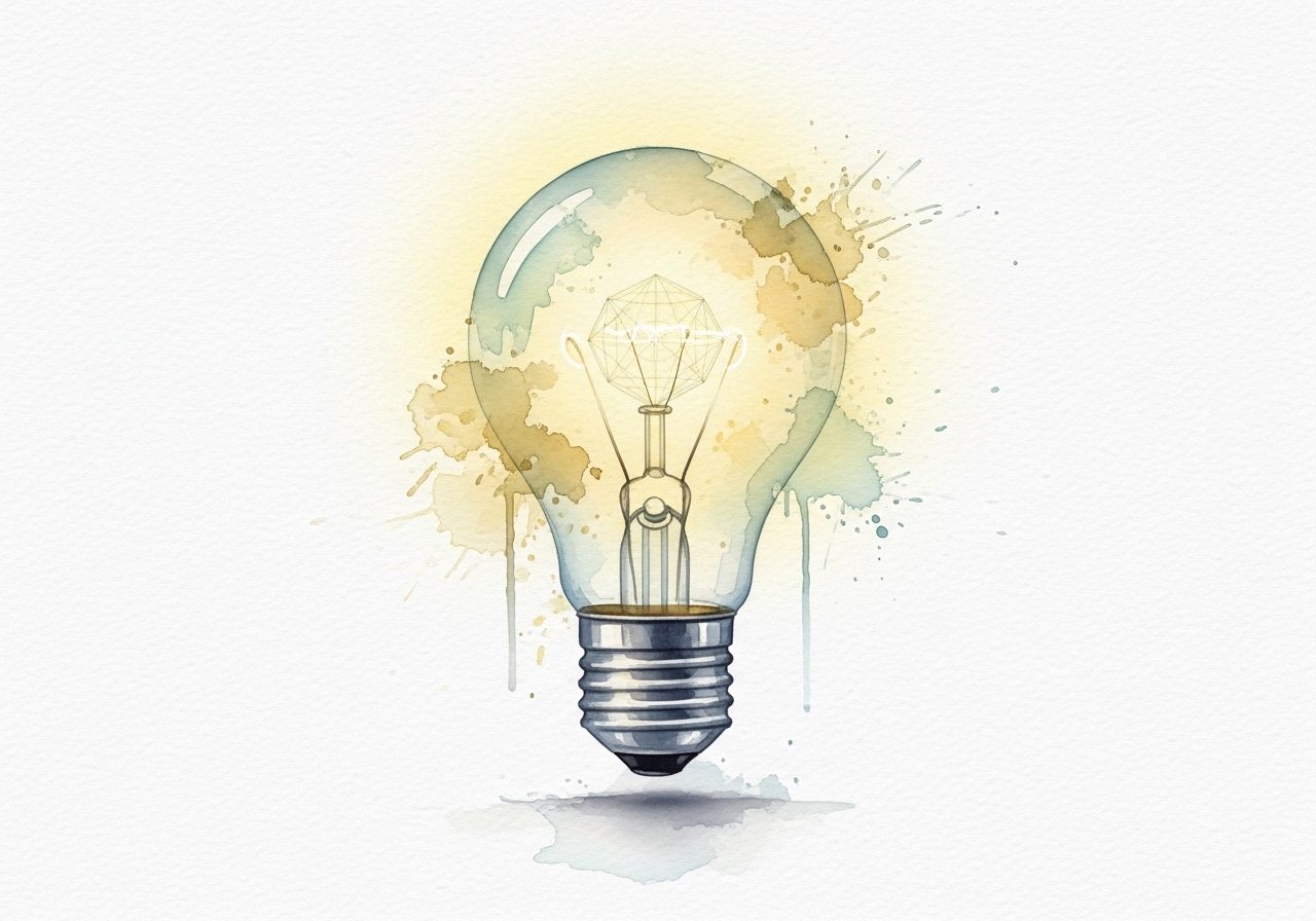 A watercolor of a lightbulb with a grid inside, showing how marketing templates support creativity.