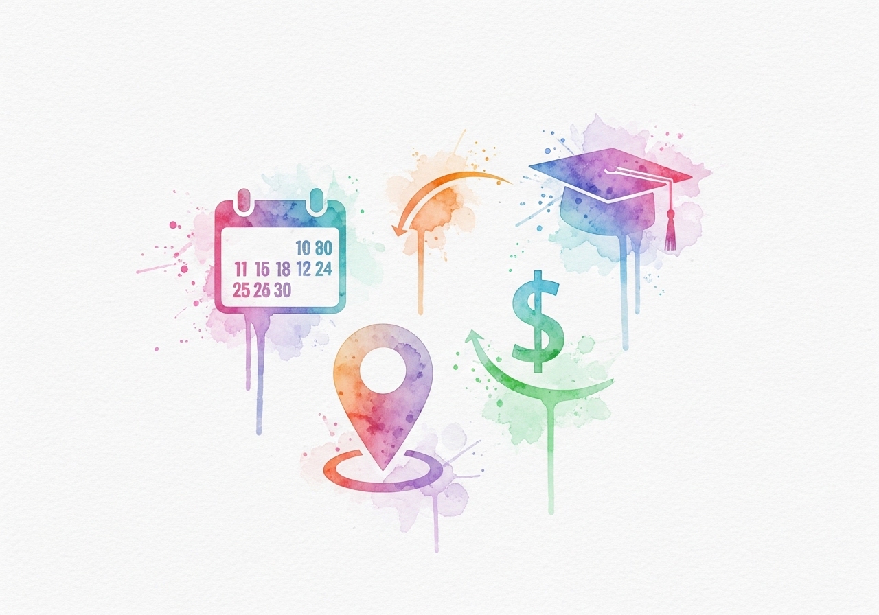 Watercolor icons representing key demographic variables like age, location, income, and education.