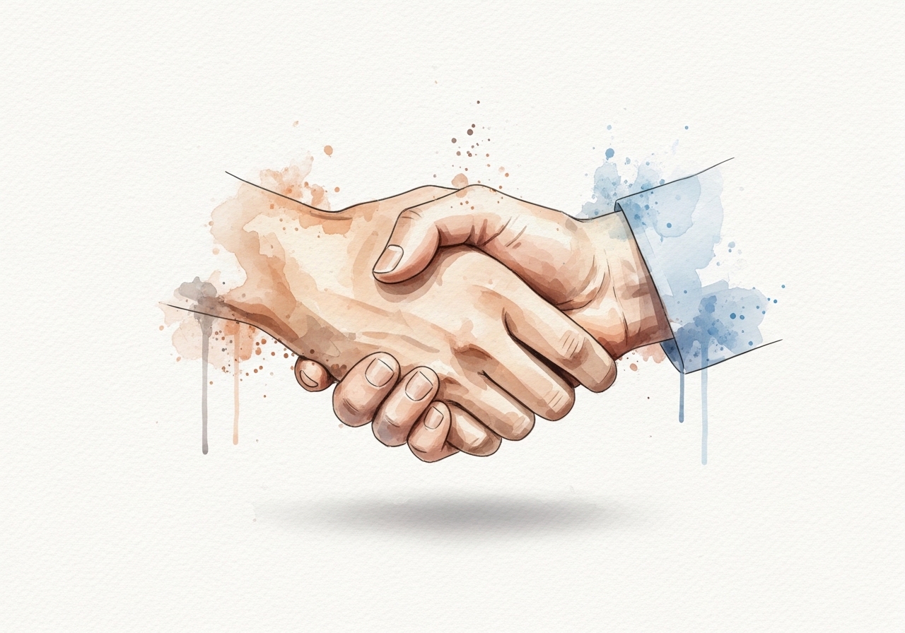 Watercolor of two hands shaking, symbolizing the process of earning high-quality backlinks from other websites.