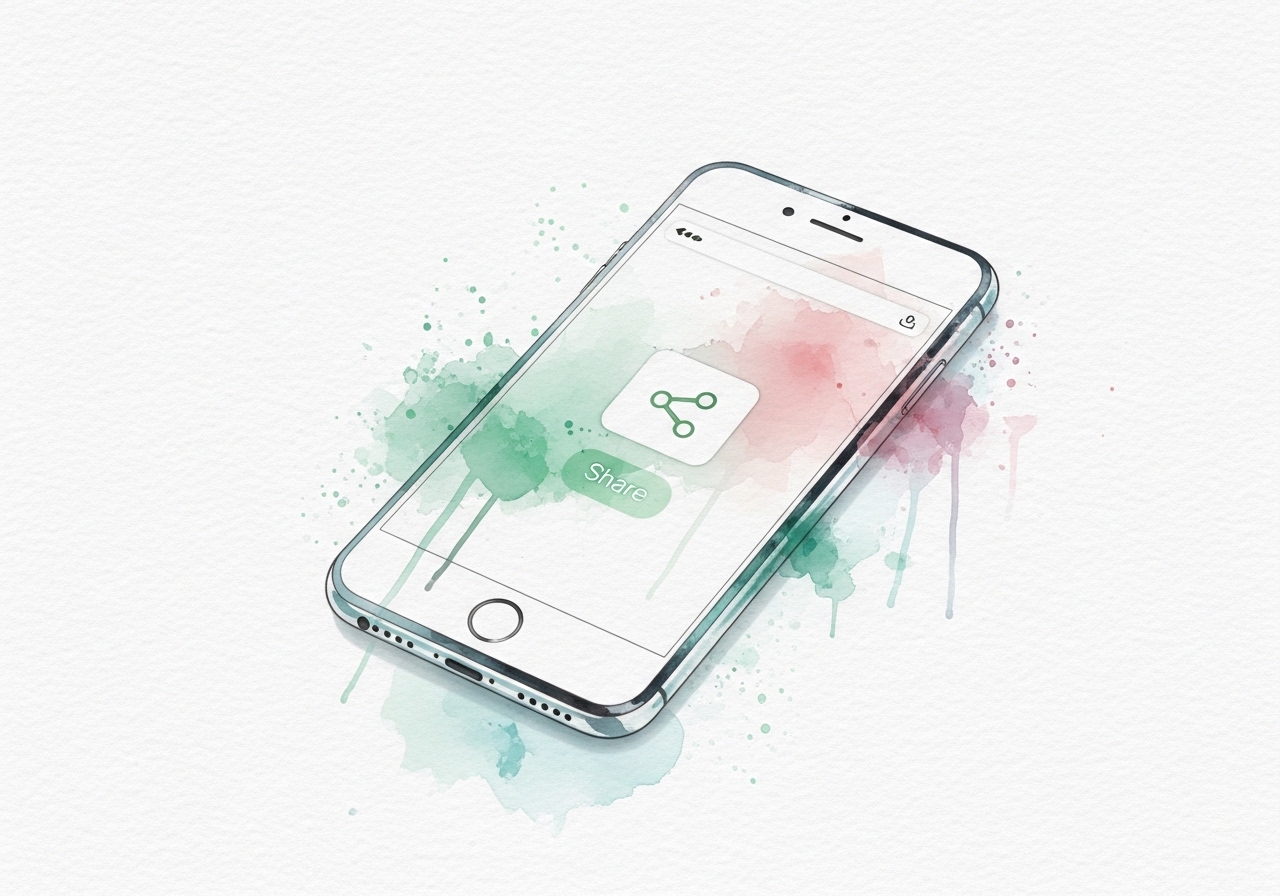 Watercolor illustration of a smartphone showing the share icon used to find text on an iPhone.