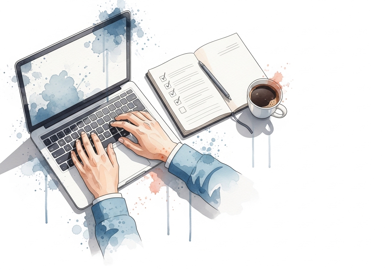 A freelancer working on their laptop, building their personal marketing portfolio.