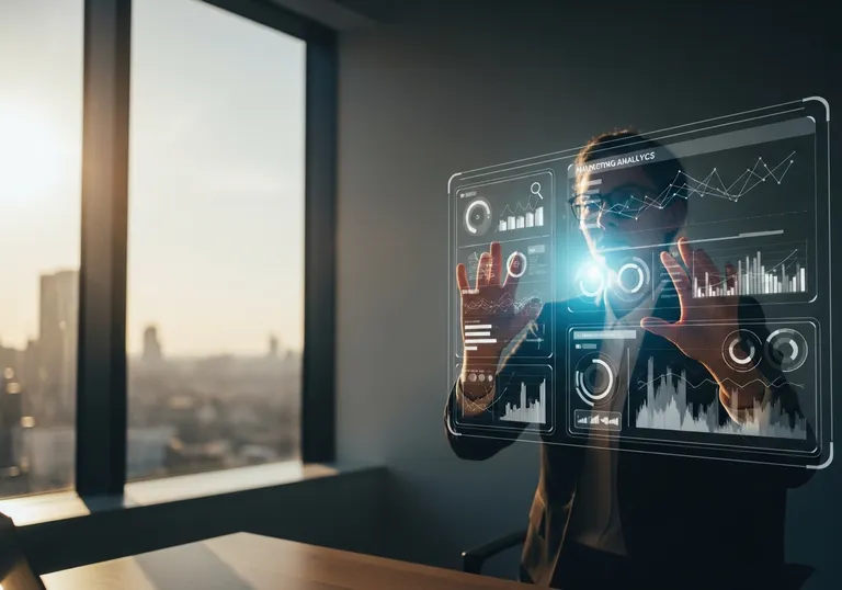 A marketing expert analyzing data on a futuristic holographic display, representing the future of SEO.
