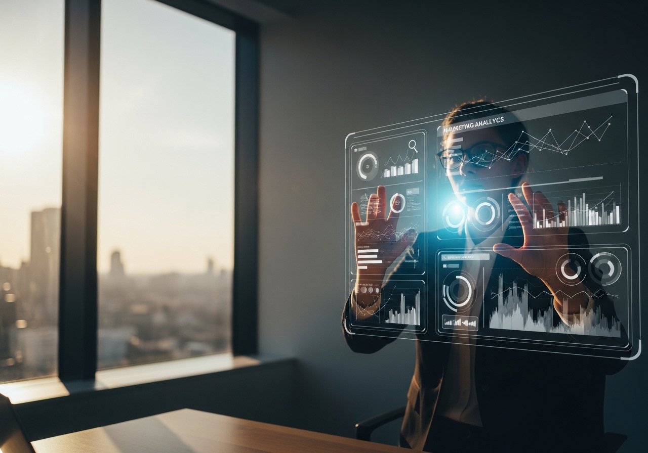 A marketing expert analyzing data on a futuristic holographic display, representing the future of SEO.
