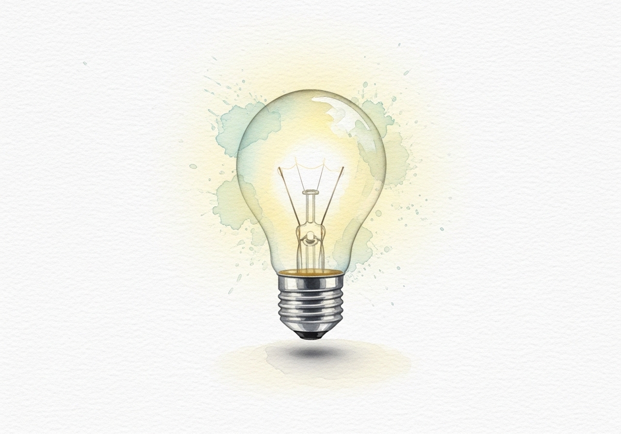 A watercolor illustration of a glowing lightbulb, representing the generation of new campaign ideas.