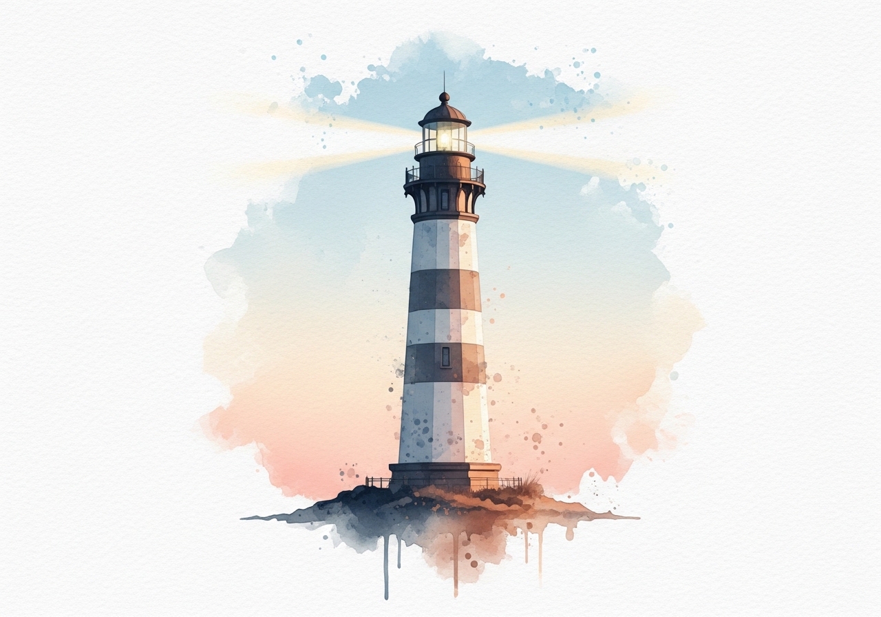 Watercolor illustration of a lighthouse, symbolizing the concept of increasing page authority for SEO guidance.