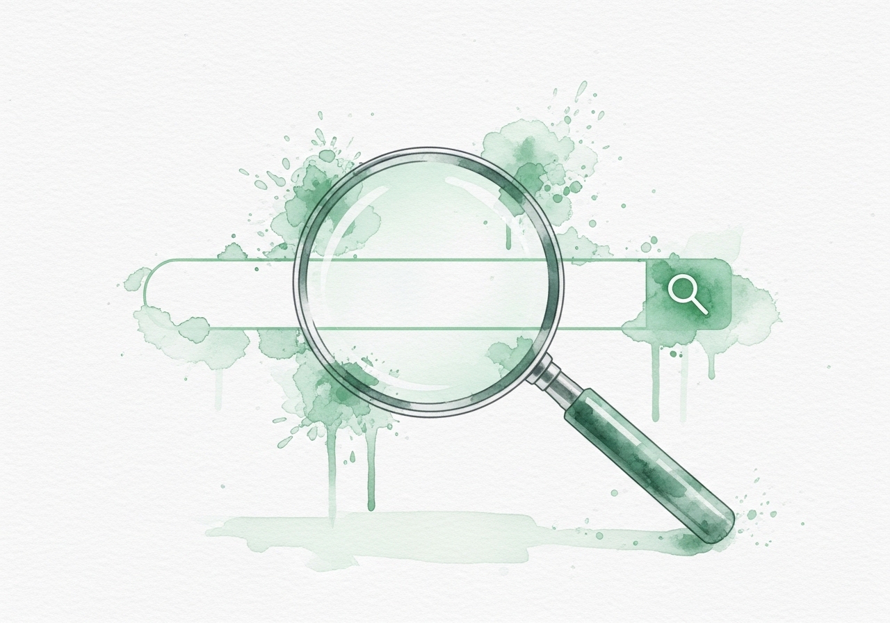 A magnifying glass over a search bar, symbolizing keyword and search intent analysis for content optimization.