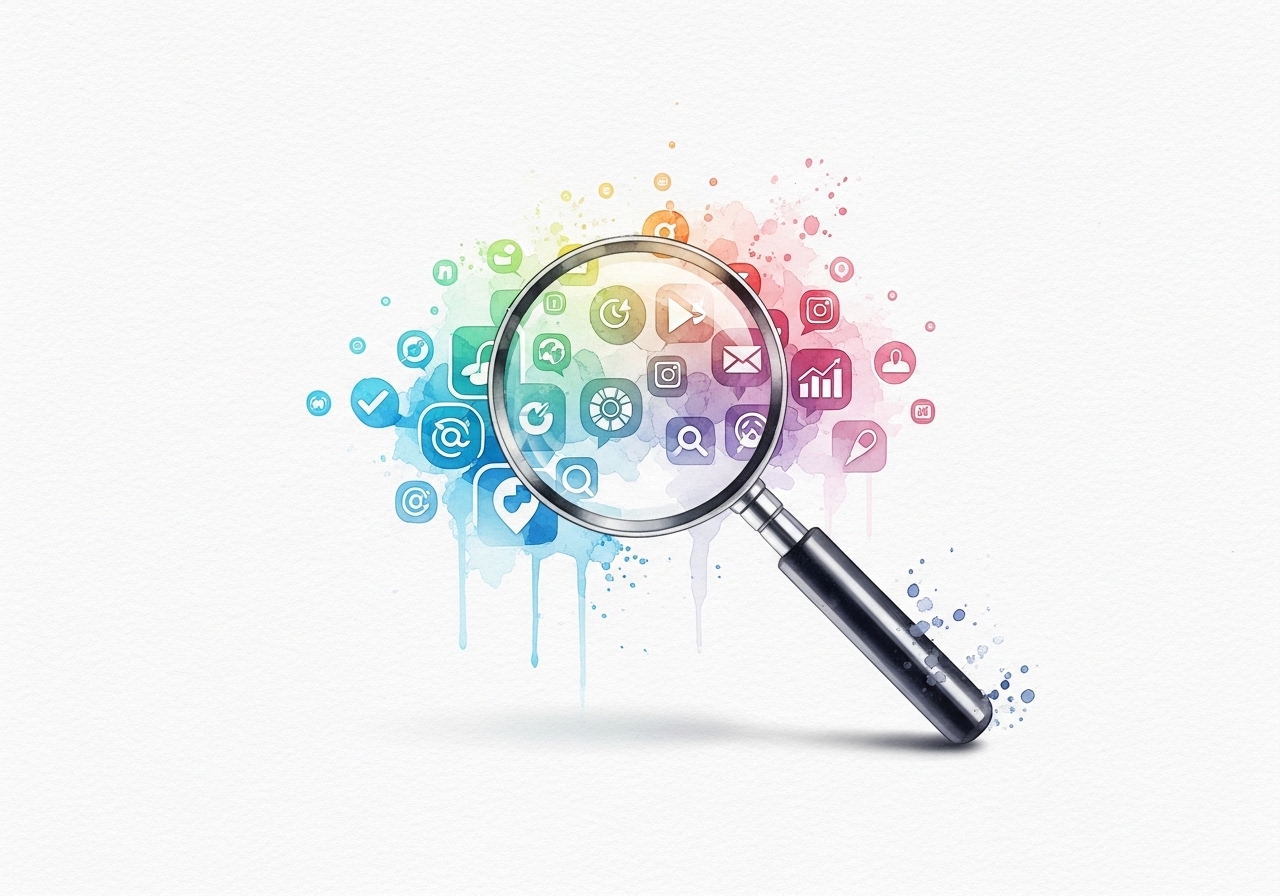 Watercolor of a magnifying glass over abstract data, illustrating keyword research for SEO writing.
