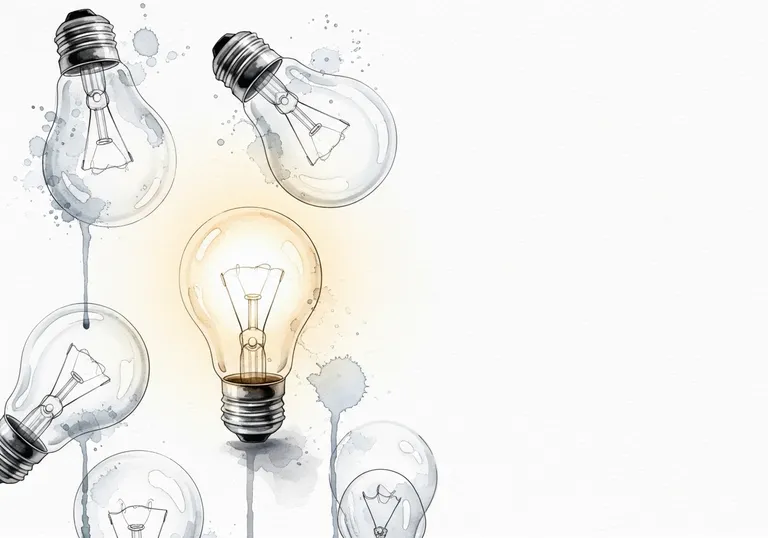 A watercolor illustration of several lightbulbs, with one glowing brightly, representing ideas from marketing campaign examples.