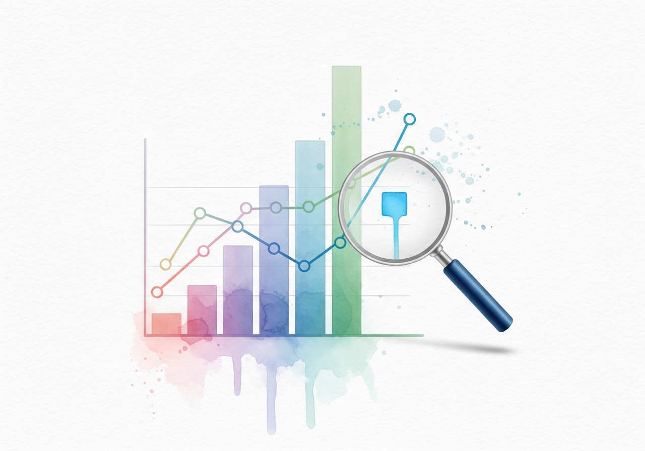 A watercolor of a chart and magnifying glass, illustrating data analysis as a key marketing skill.