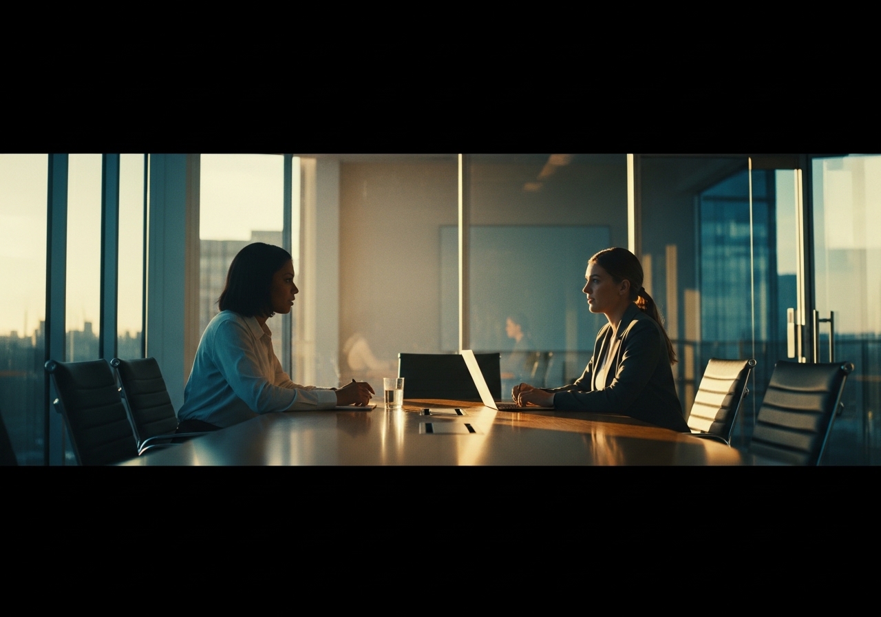 A professional marketing interview taking place in a modern office setting.