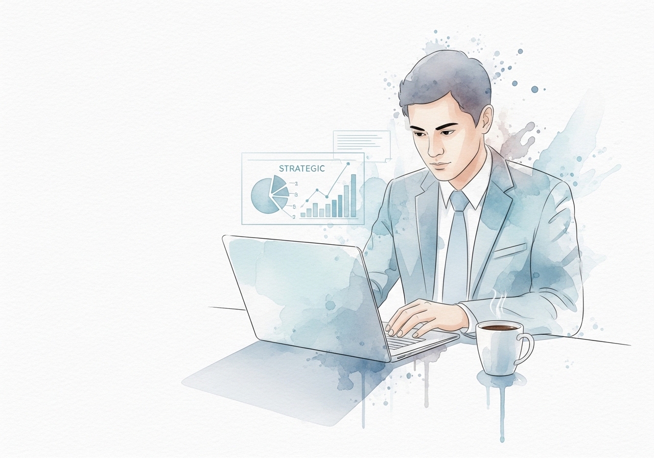 A watercolor illustration of a marketing manager at their desk, symbolizing strategic planning and focus.