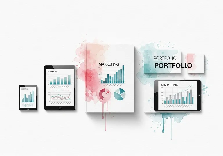 A collection of marketing portfolio examples displayed on tablets and in books, illustrated in a clean watercolor style.
