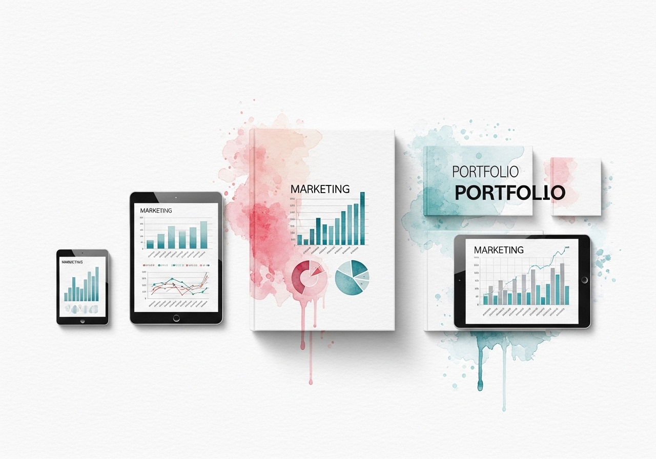 A collection of marketing portfolio examples displayed on tablets and in books, illustrated in a clean watercolor style.