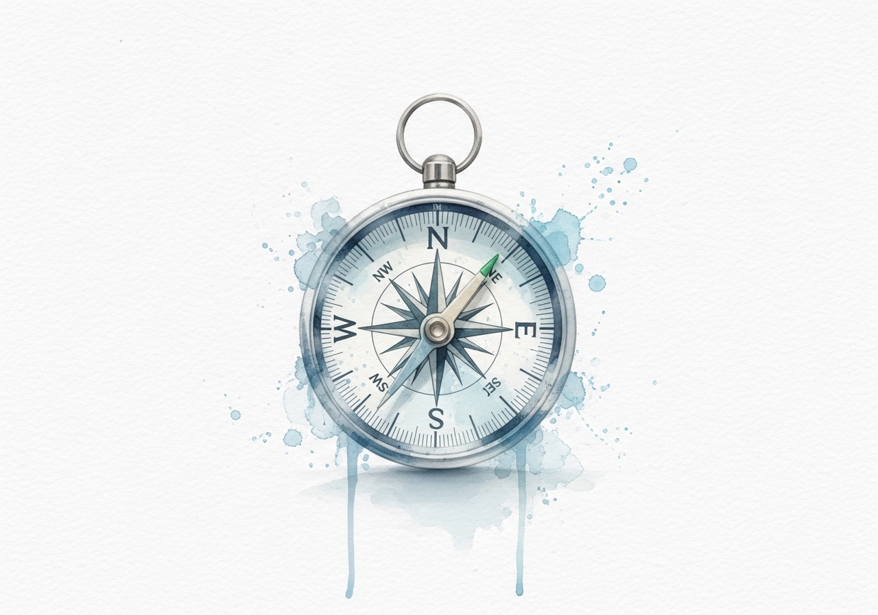 A watercolor illustration of a compass, representing strategic marketing tips for business growth.