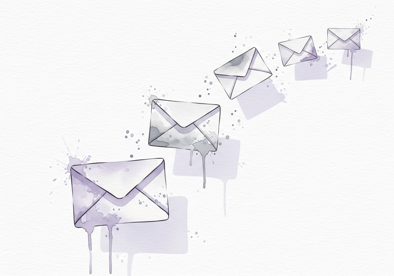 A depiction of strategic media outreach, showing stylized envelopes representing emails sent to journalists for PR purposes.