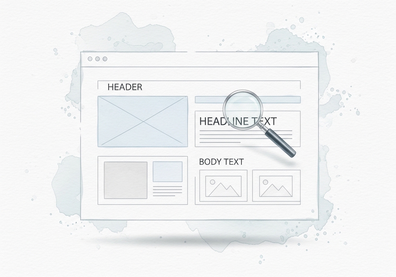 A watercolor painting of a webpage wireframe with a magnifying glass, representing on-page SEO optimization.