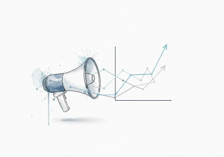 A watercolor illustration showing how PR in SEO, represented by a megaphone and a rising graph, work together to improve search rankings.