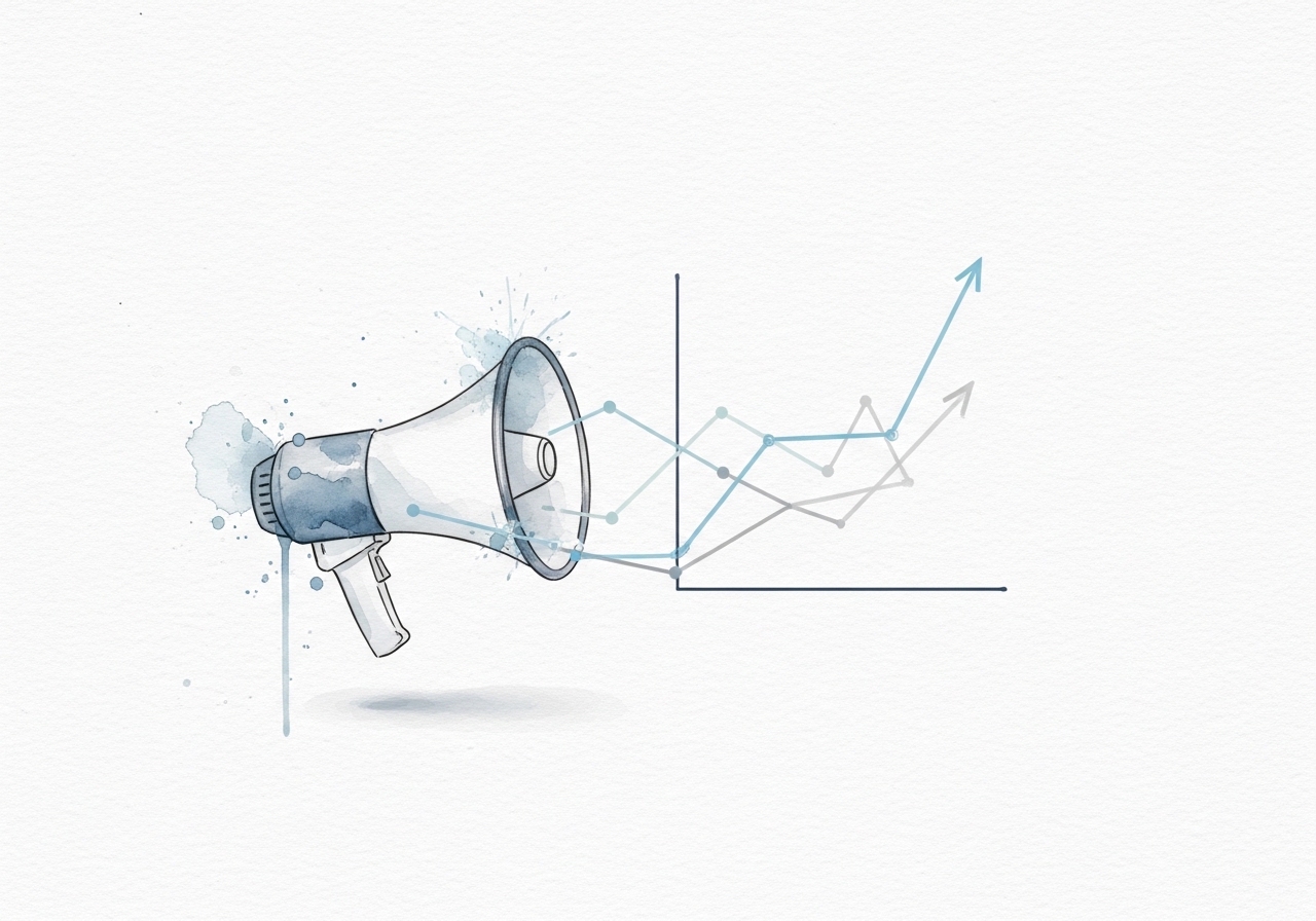 A watercolor illustration showing how PR in SEO, represented by a megaphone and a rising graph, work together to improve search rankings.
