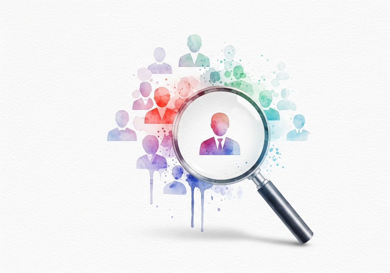Watercolor illustration of a magnifying glass highlighting a target audience icon, representing audience identification in a PR strategy.