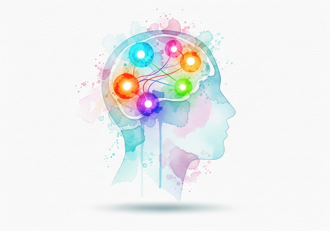 Watercolor illustration showing interconnected nodes within a brain silhouette, symbolizing the psychology of sharing viral content.