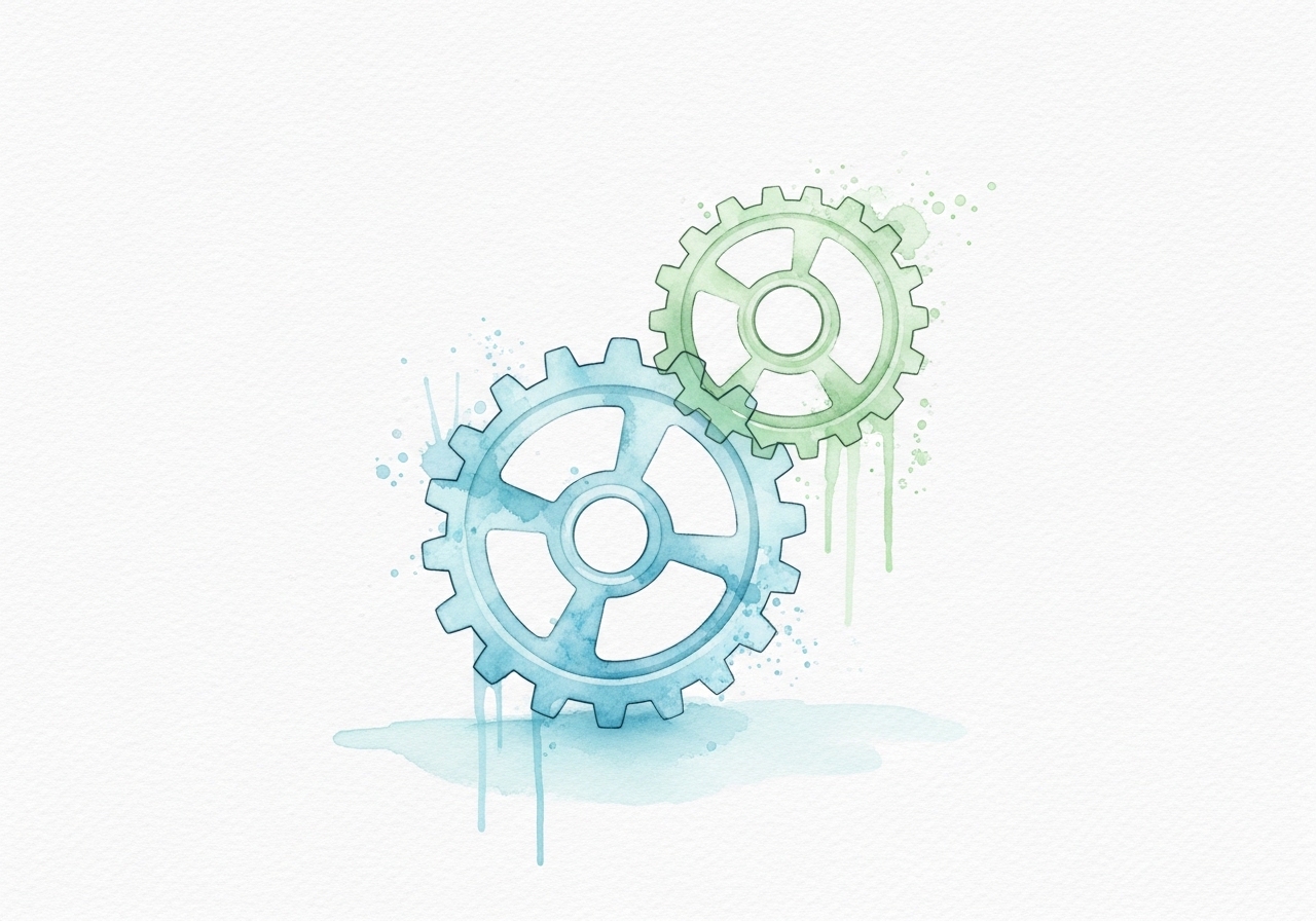 A watercolor illustration of interlocking gears representing the integration of public relations in marketing strategy.