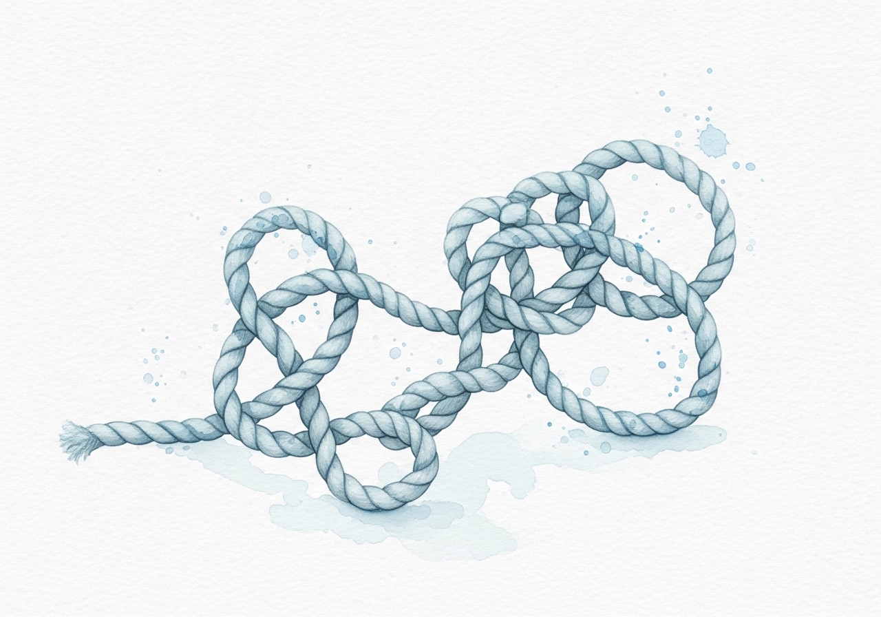 Watercolor of a tangled rope, symbolizing common redirect errors like redirect chains that harm SEO.