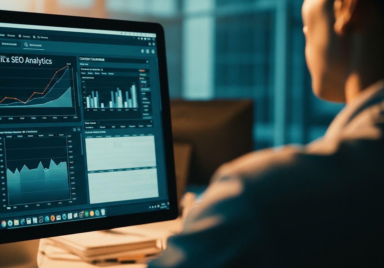 Computer screen showing marketing analytics and SEO data visualization.