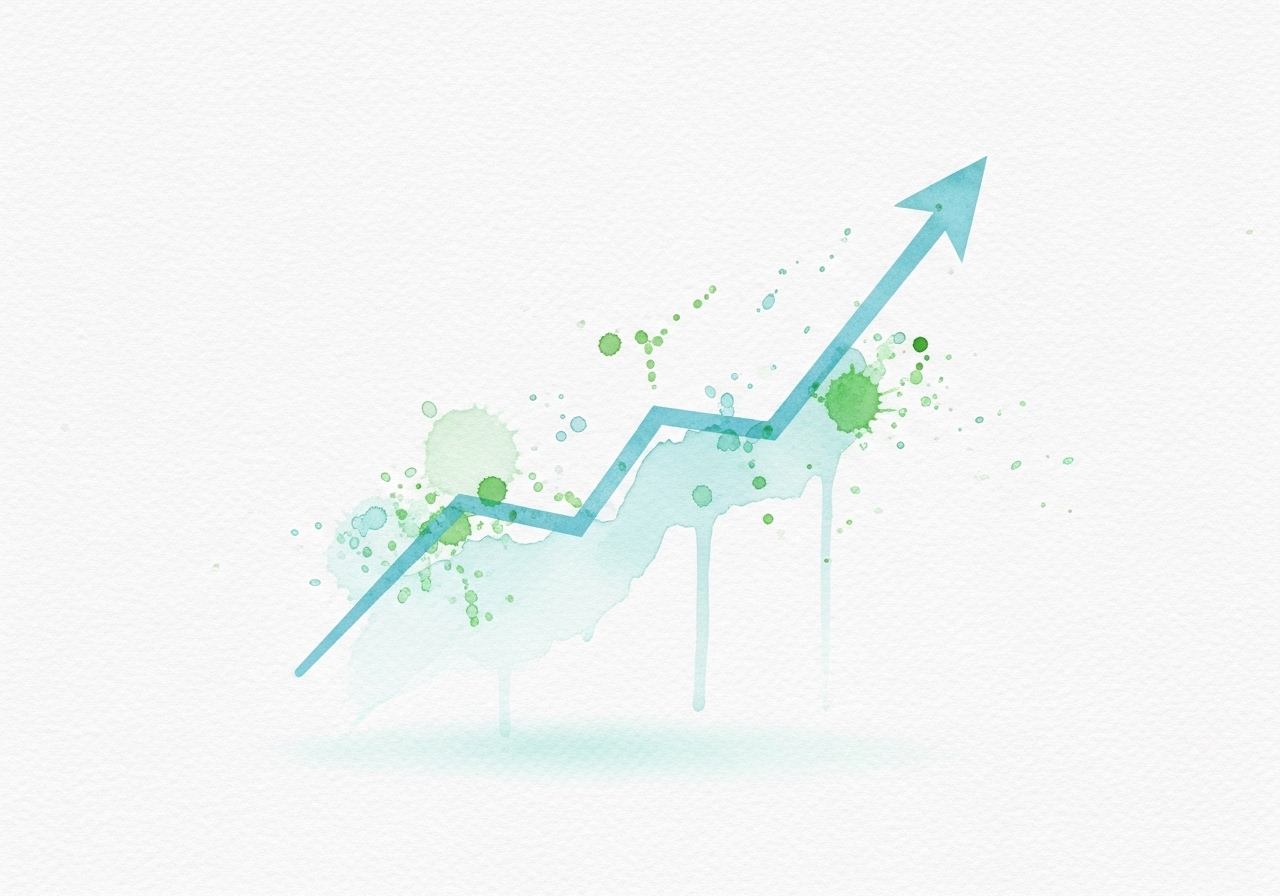 Watercolor of an upward trending line graph, symbolizing KPI growth in an SEO report.