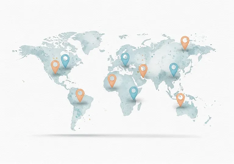 A watercolor illustration of a map with pins, representing a strategy for SEO for multiple locations.