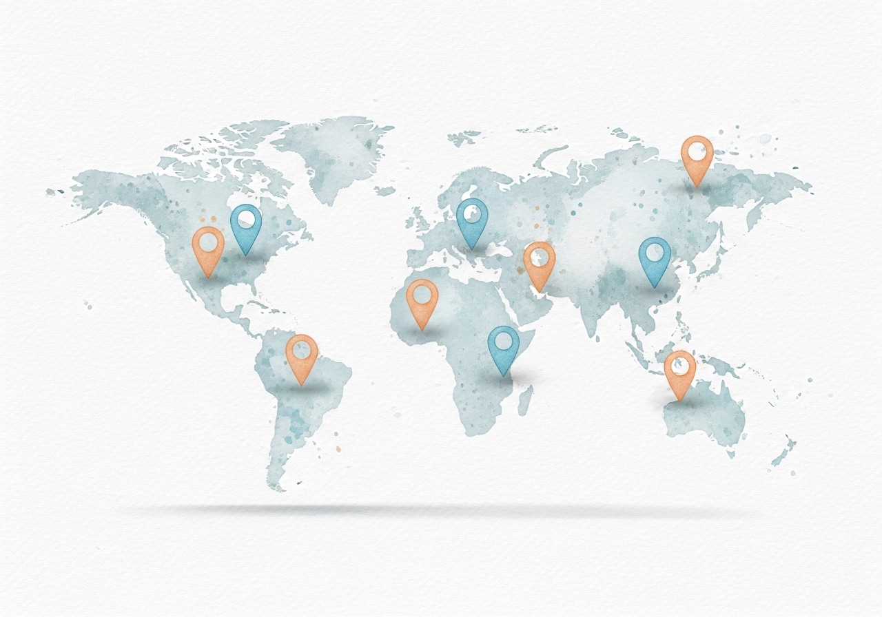 A watercolor illustration of a map with pins, representing a strategy for SEO for multiple locations.