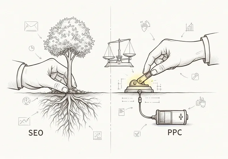 Illustration comparing organic growth roots vs paid ad switching mechanics
