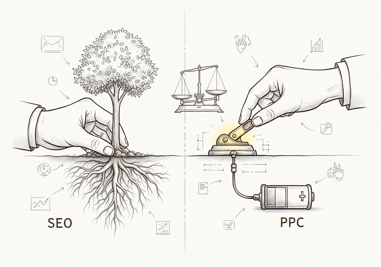 Illustration comparing organic growth roots vs paid ad switching mechanics