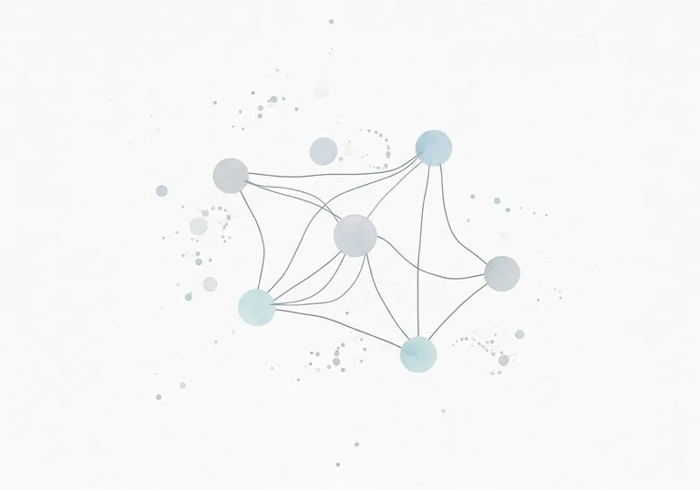 A watercolor illustration of a network graph representing social signals SEO, with nodes and connections in soft pastel colors.