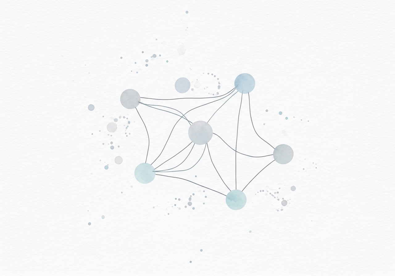 A watercolor illustration of a network graph representing social signals SEO, with nodes and connections in soft pastel colors.