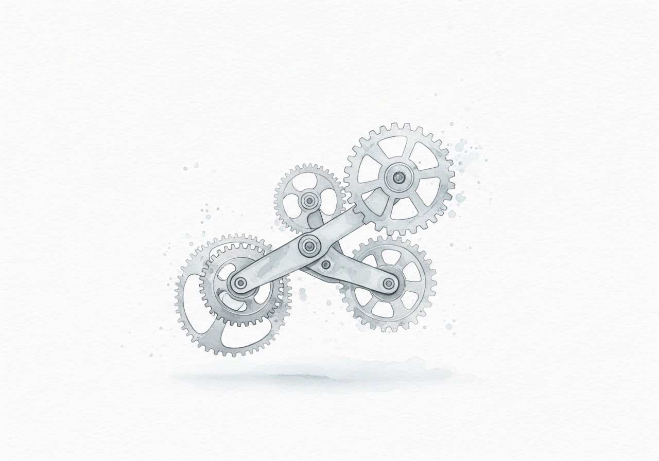 Watercolor illustration of interconnected gears, symbolizing the structured process of technical SEO.